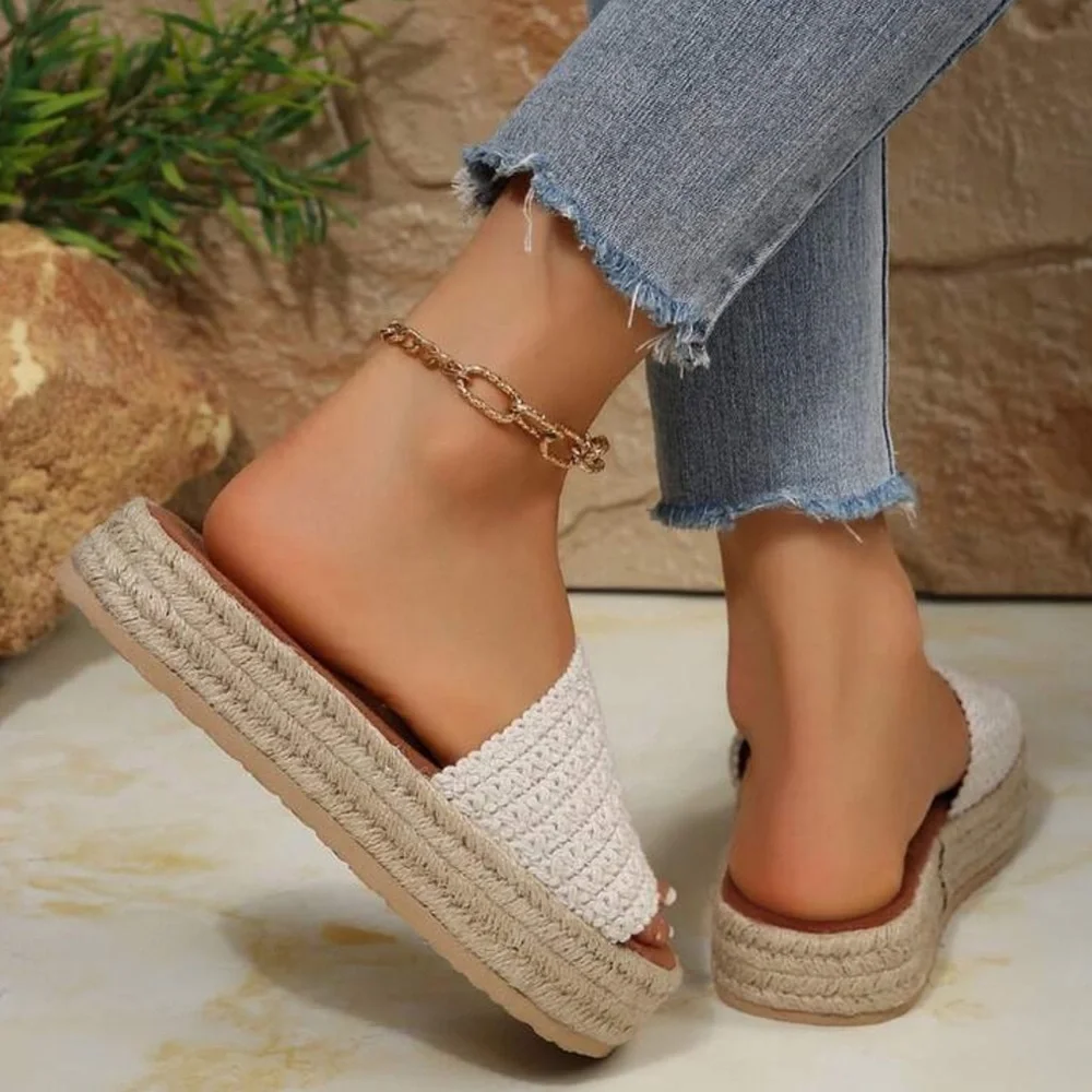 Women's Cream Woven Slide Sandals
